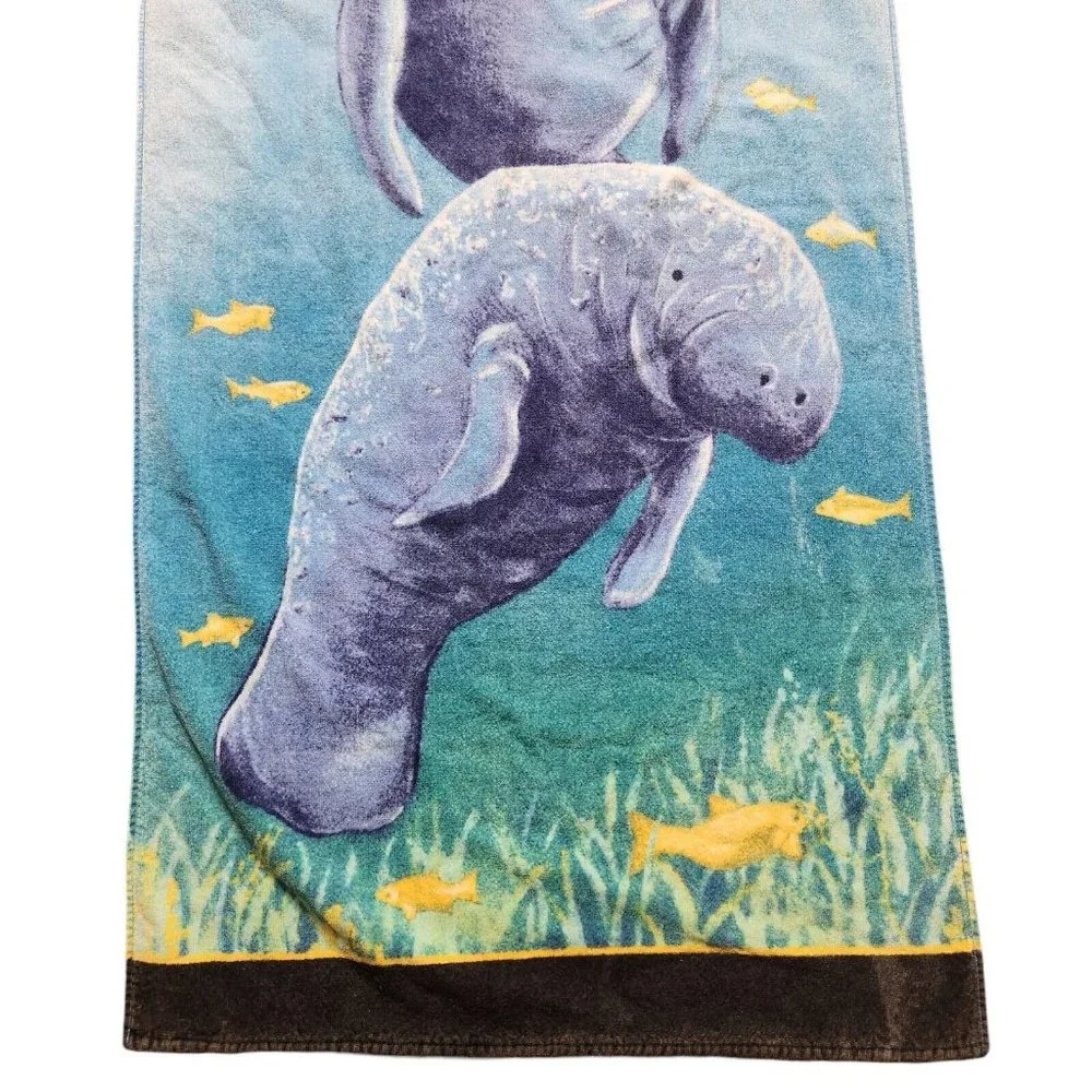 Manatees Zoo Souvenir Vintage Beach Towel Blue Yellow Fish 100% Cotton